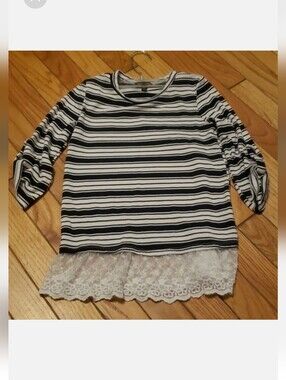 Girls' Black & White Stripe Lace-Hem Top